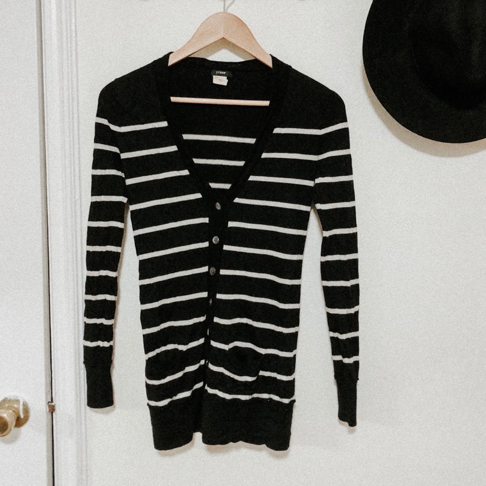 J. Crew wool black white striped cardigan XS